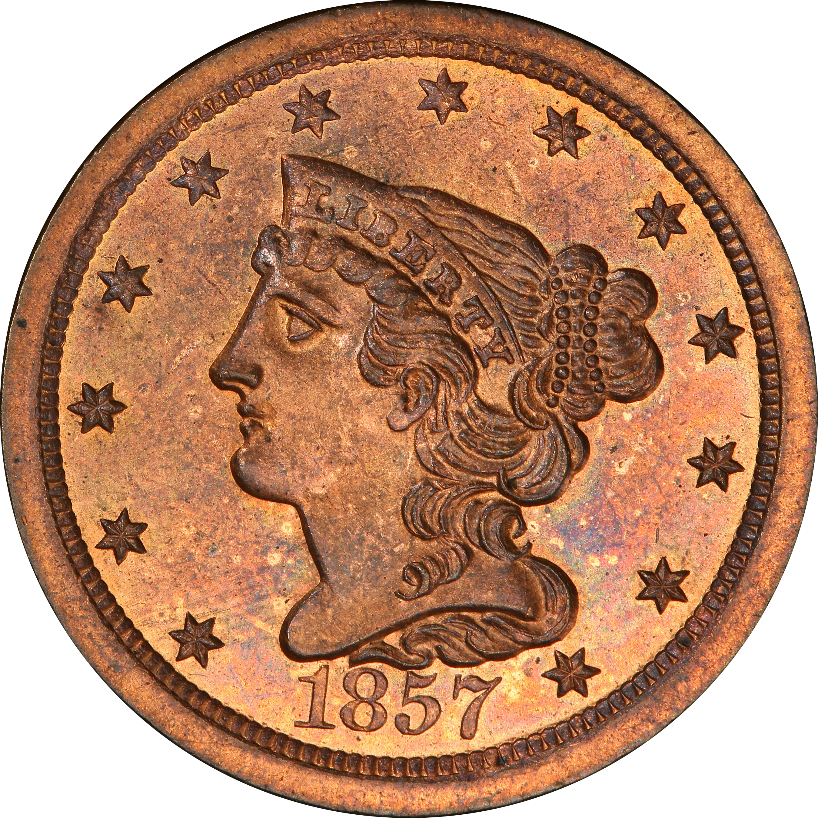***Auction Highlight*** 1857 Braided Hair Half Cent C-1 TOP POP! 1/2c  Graded ms66 rb By SEGS (fc)