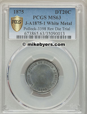 1875 20 Cent Reverse Die Trial Struck in White Metal J-A1875-1 