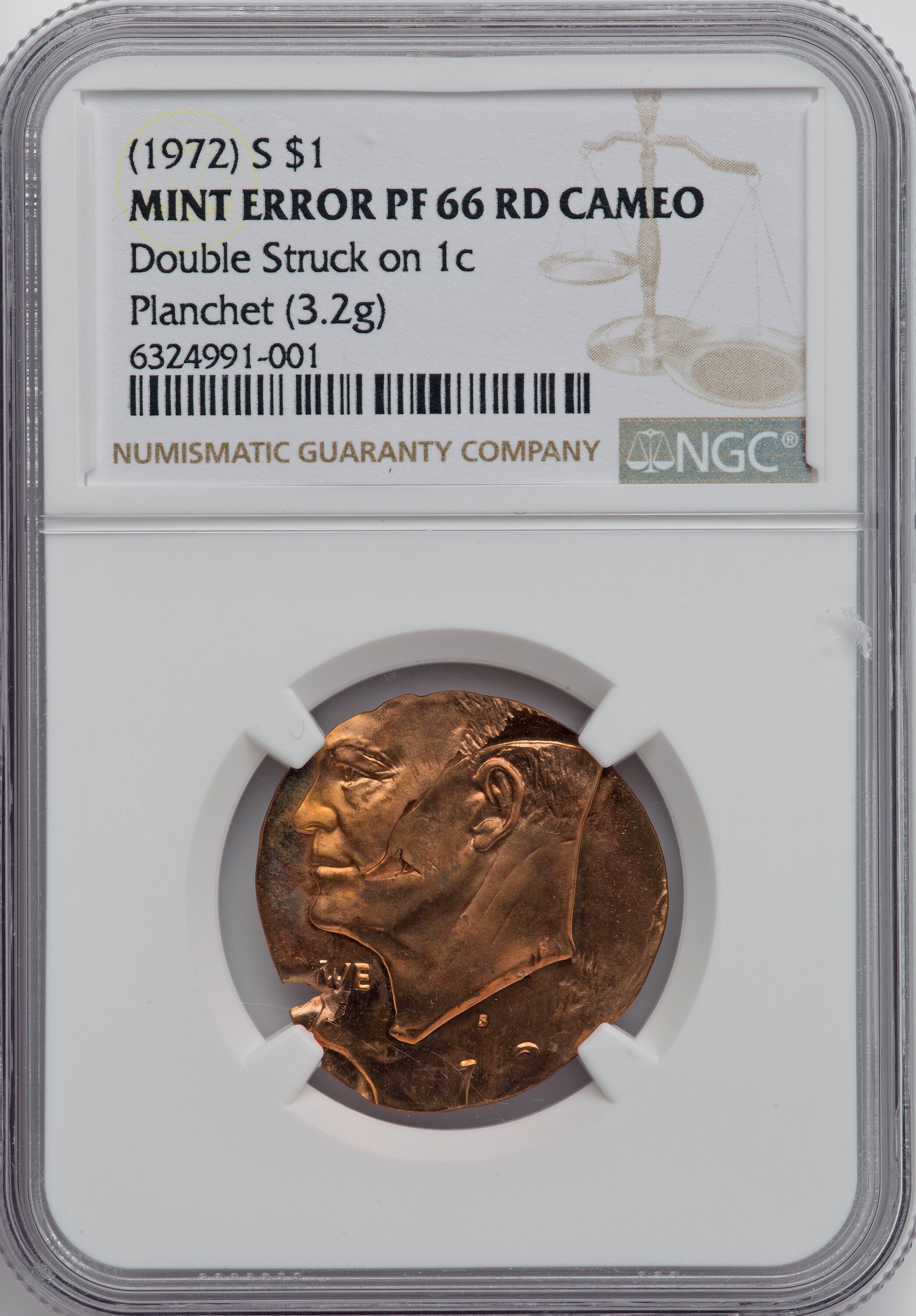 1972)-S Proof Ike Dollar Double Struck on Cent Planchet NGC PF 66 